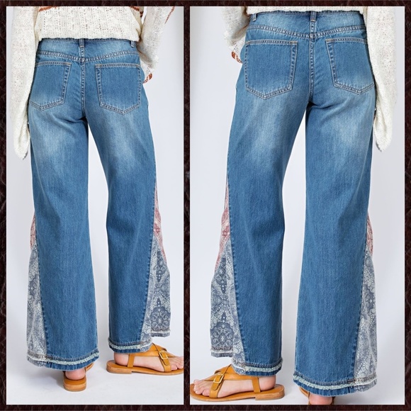 EASEL "I Got A Feeling" Bell Bottom Denim Pant W/Contrast Patchwork At The Sides - Picture 2 of 16